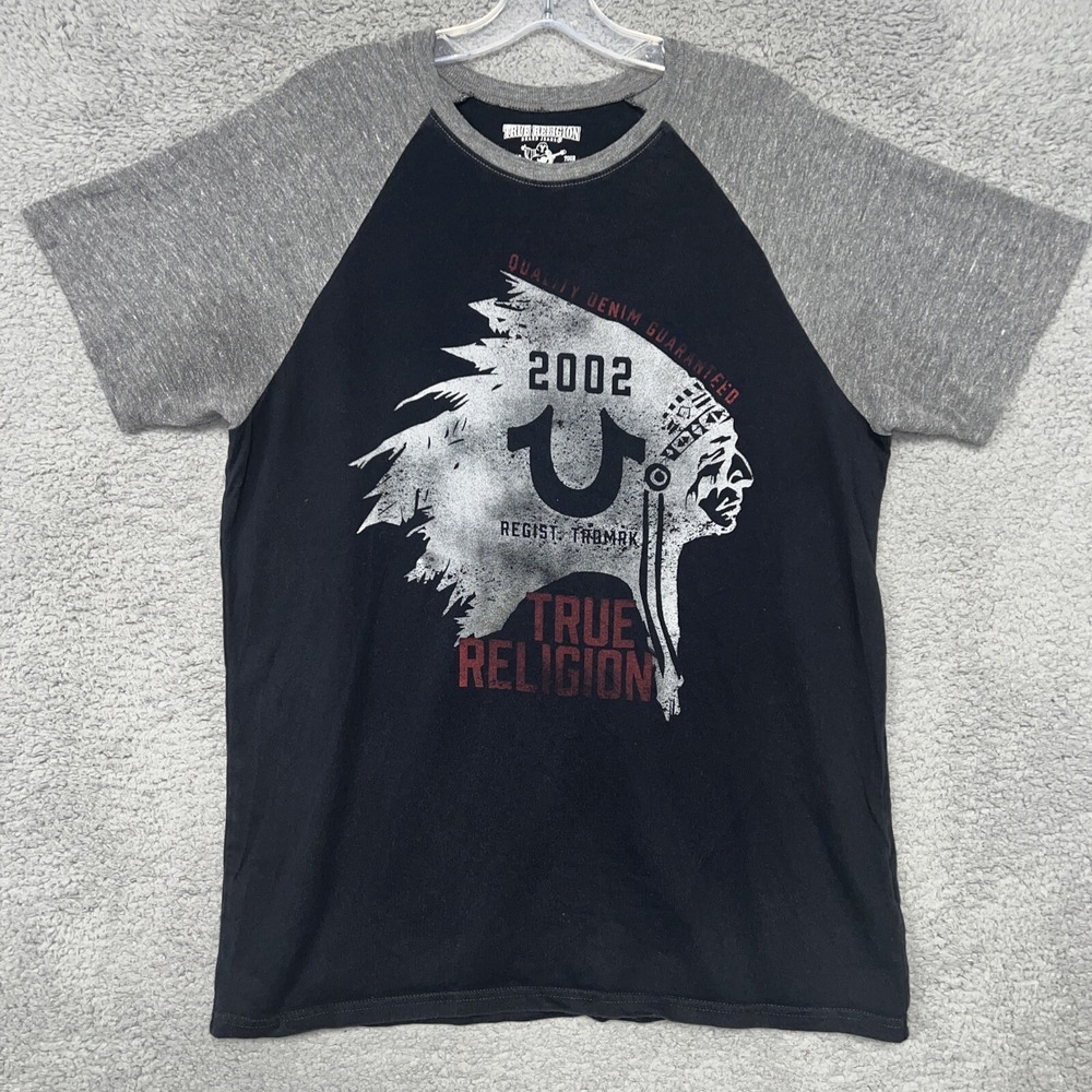 True Religion T Shirt Men's Size L Black Gray Indian Head Chief Raglan Tee